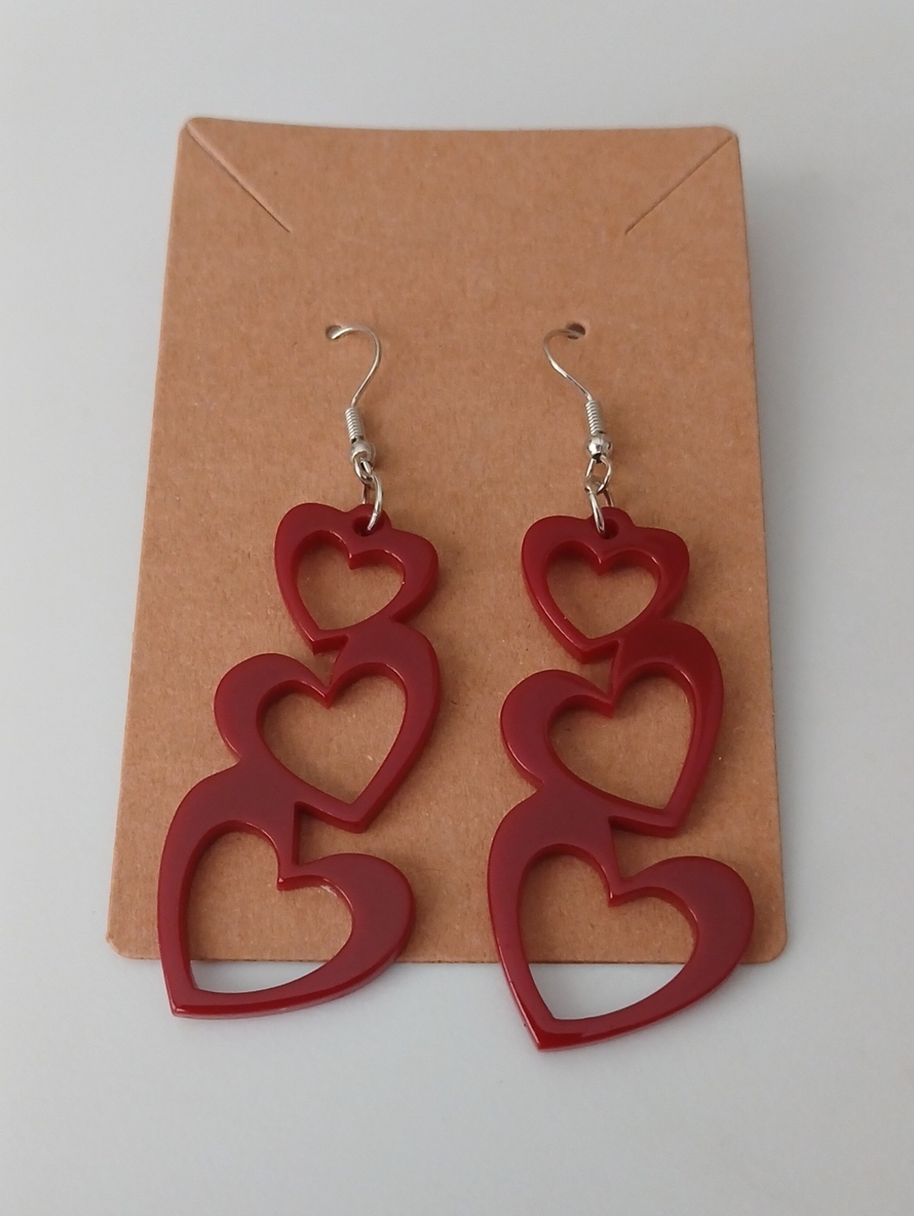 Fashion Jewelry Red Triple Heart Drop Earrings for Women - Picture 2 of 3